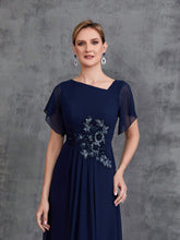 Women's Asymmetrical Neck Floral Applique Short Sleeve Chiffon Party Dress